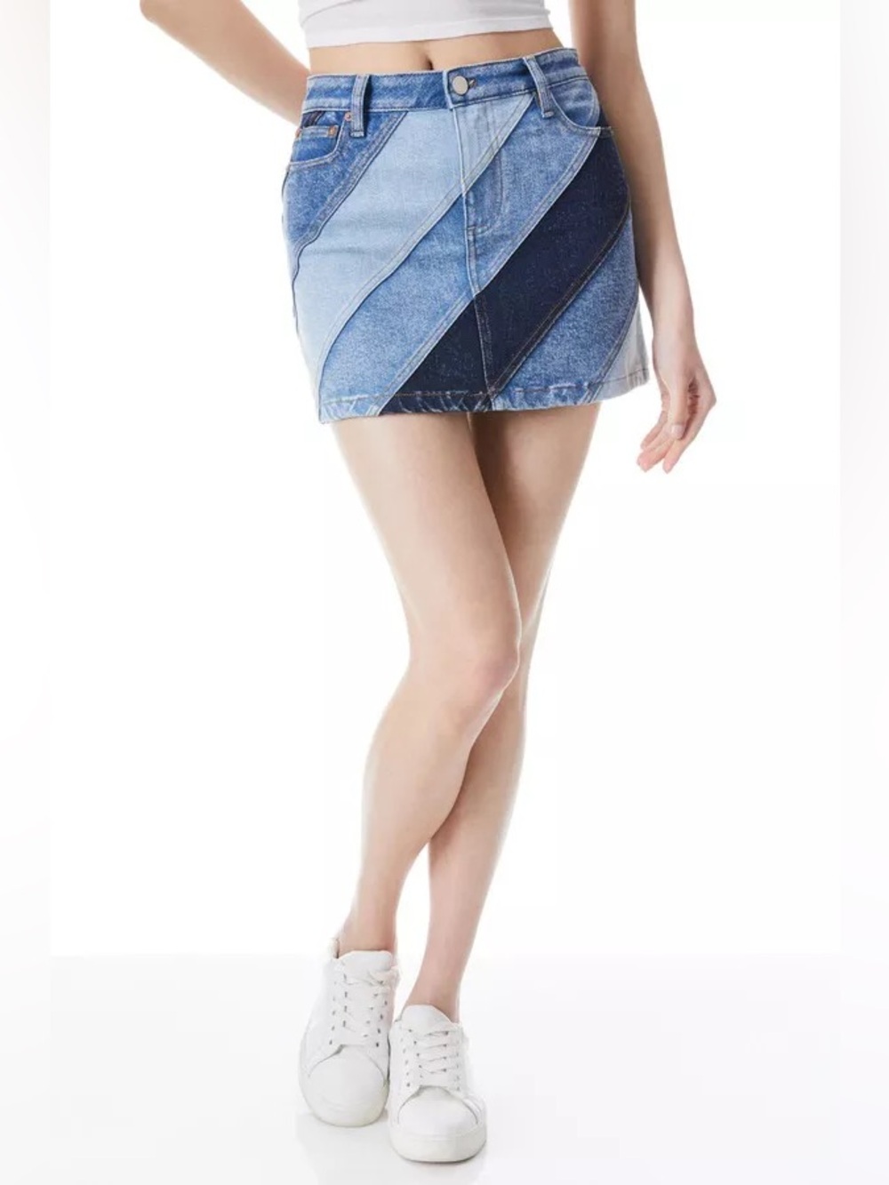 ALICE + OLIVIA  Denim Patchwork High Rise Mini Skirt